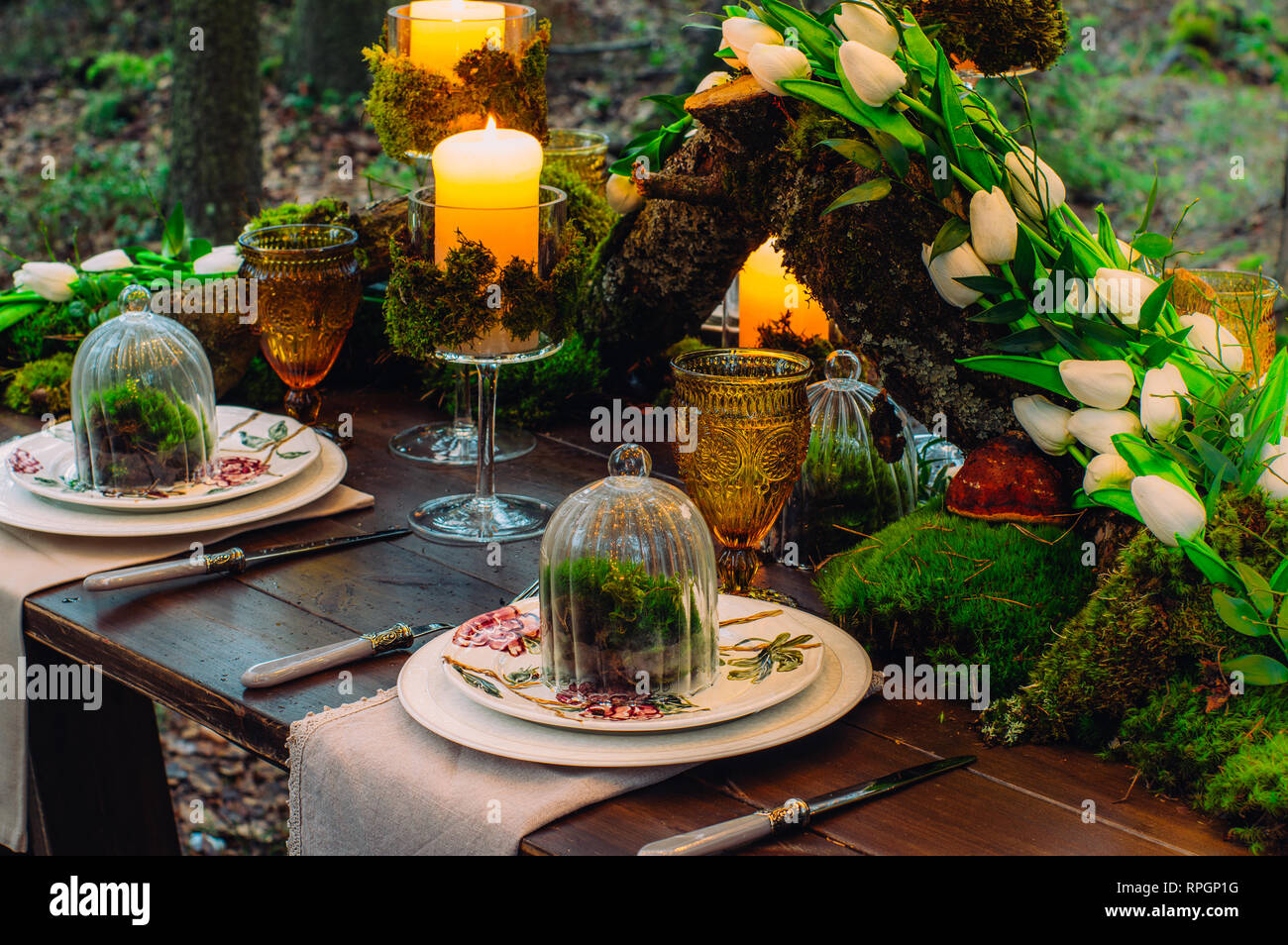 Wedding Table Decorations With Tulips Moss And Candles Stock