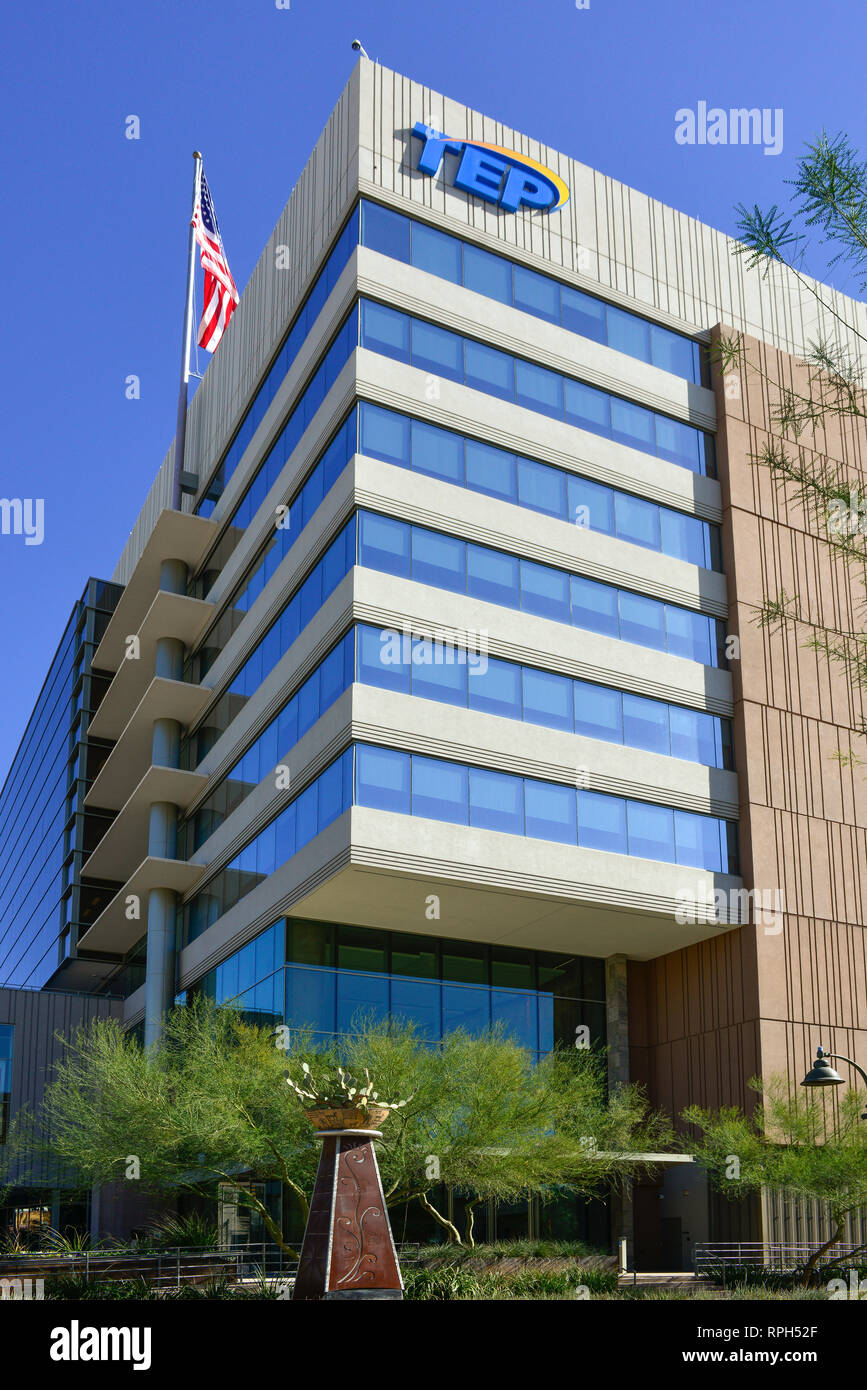View of the newer contemporary 9-story Tucson Electric Power, TEP,  headquarters building in downtown Tucson, AZ Stock Photo