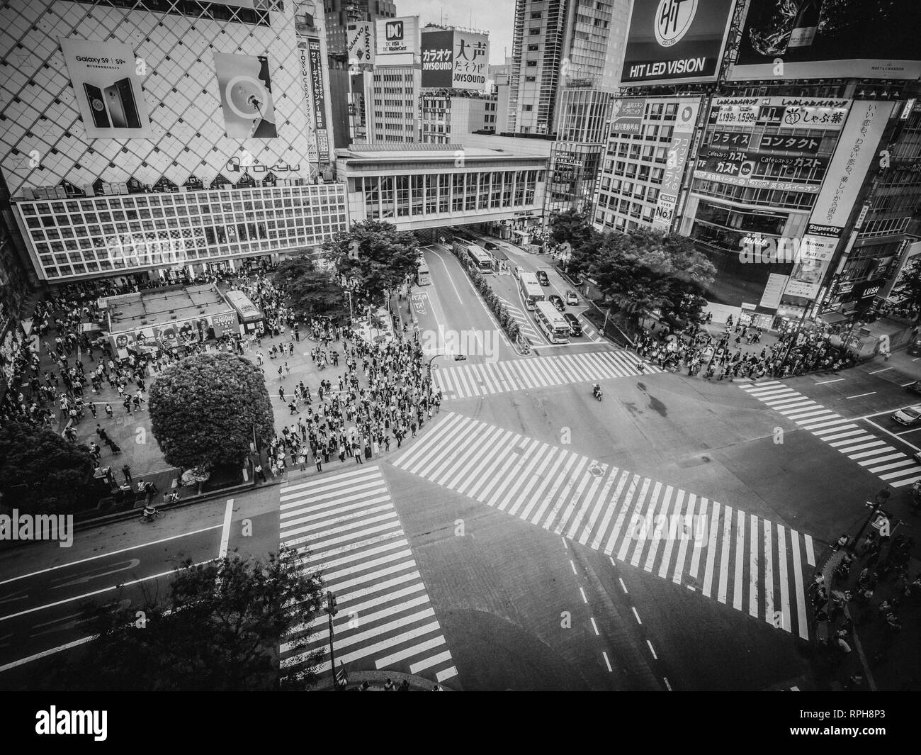 Famous Shibuya Crossing in Tokyo - aerial view - TOKYO / JAPAN - JUNE 12, 2018 Stock Photo