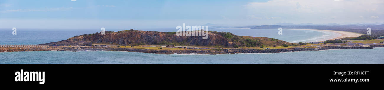 Panoramic view of Gallows Beach and Corambirra Point viewed from Muttonbird Island. Coffs Harbour, New South Wales, Australia Stock Photo
