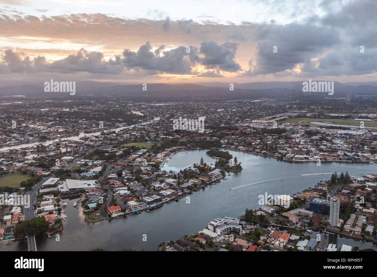 Aerial View Of Nerang River And Gold Coast At Sunset Stock Photo Alamy