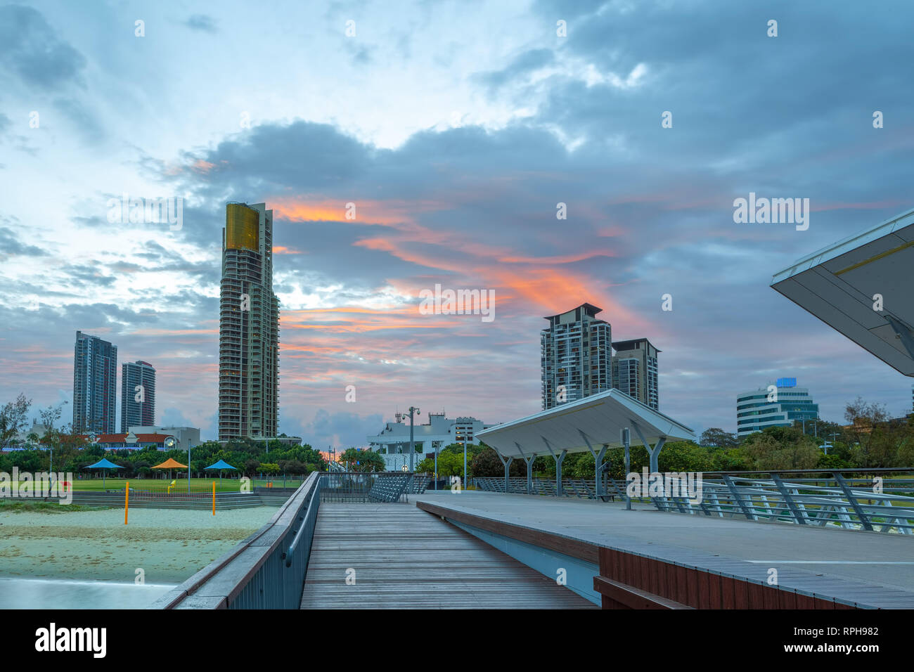 Sunset over Gold Coast luxury real estate high rise buildings Stock ...
