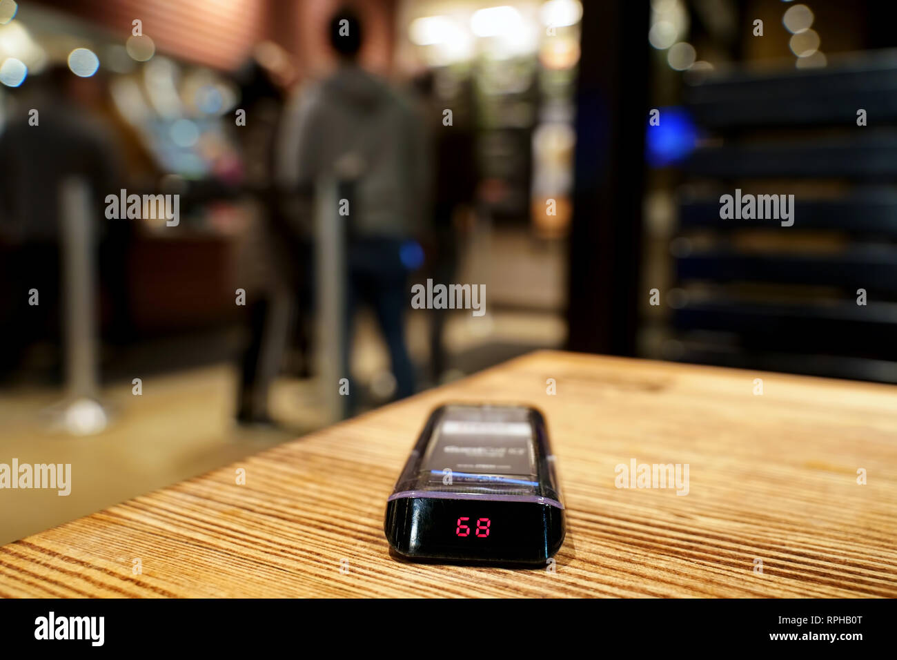 West Hartford, CT USA. Feb 2019. An electronic Guest Pager system notifies customers when their order is ready for pickup. Stock Photo