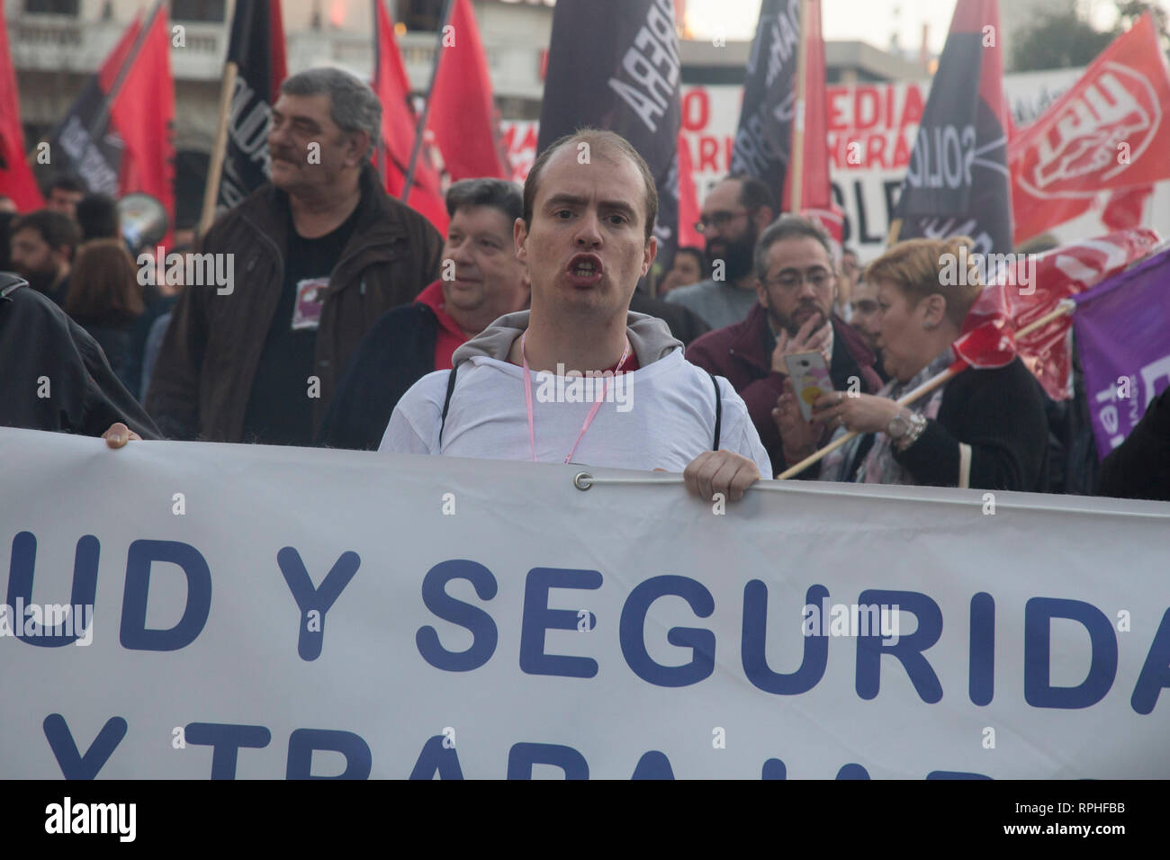 Worker Of The Madrid Metro Seen Behind A Banner During The