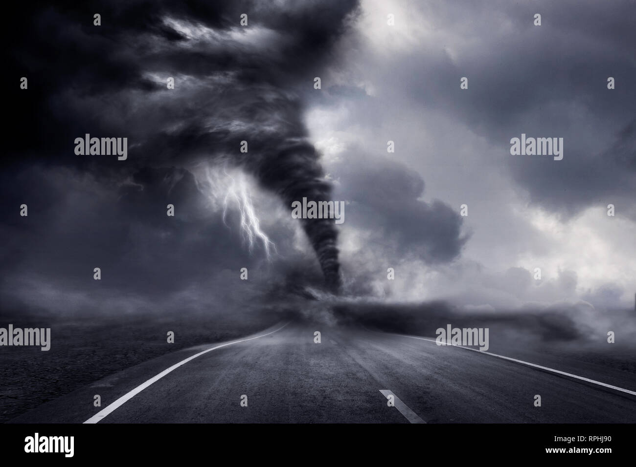 A large storm producing a Tornado, causing destruction. 3D Illustration. Stock Photo