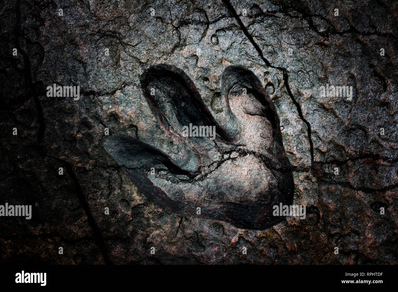 Crack broken dinosaur footprint dark background Stock Photo