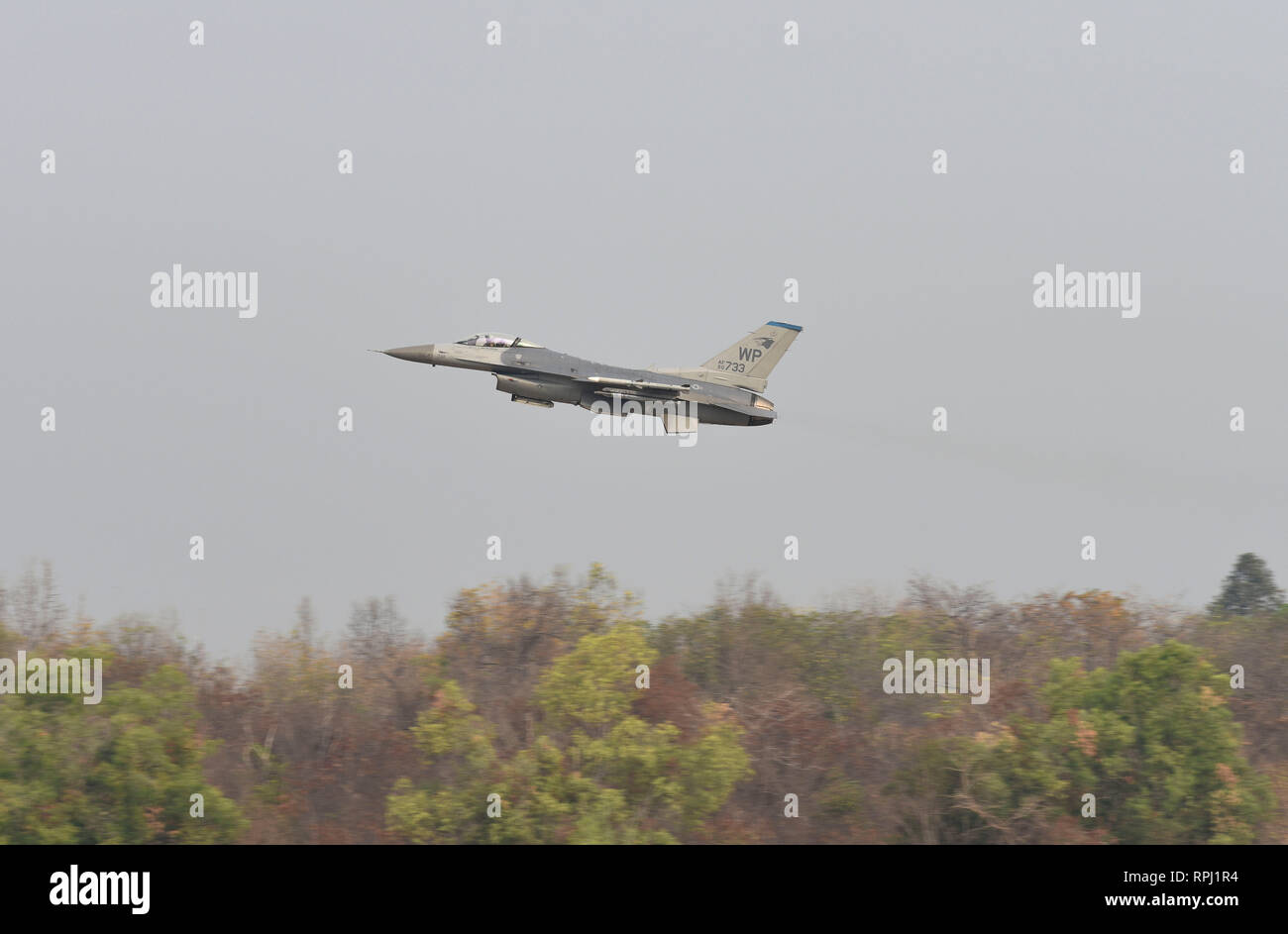 A U.S. Air Force F-16 Fighting Falcon takes off prior to Exercise Cobra Gold 2019 at Korat Royal Thai Air Force Base, Thailand, Feb. 11, 2019. Cobra Gold is the largest Theater Security Cooperation exercise in the Indo-Asia-Pacific region and is an integral part of the U.S. commitment to strengthen engagement in the region. (U.S. Air Force photo by Senior Airman Savannah L. Waters) Stock Photo