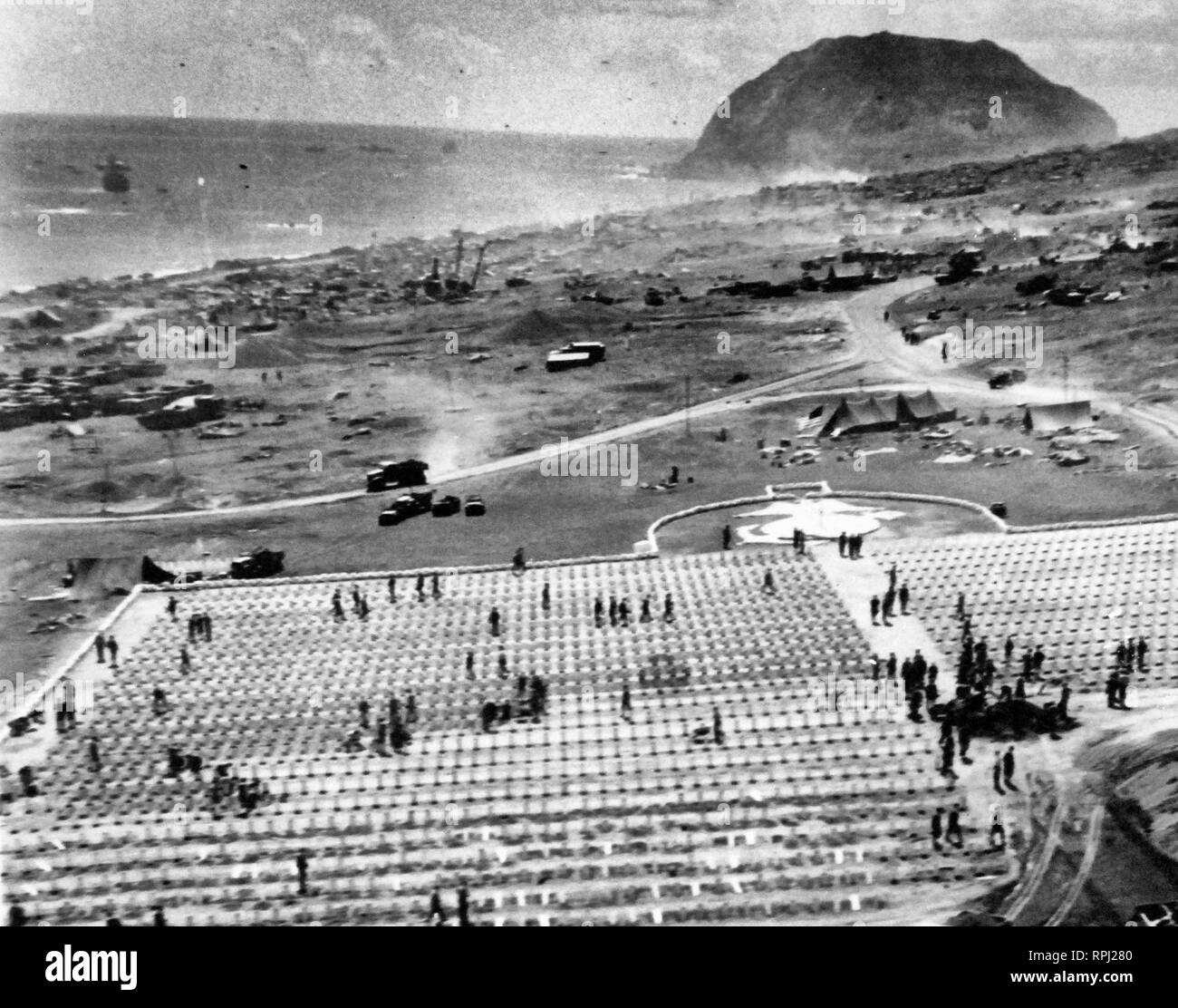 Battle for Iwo Jima, February-March 1945. Air view of 4th Division Cemetery. Photographed 1945. Stock Photo