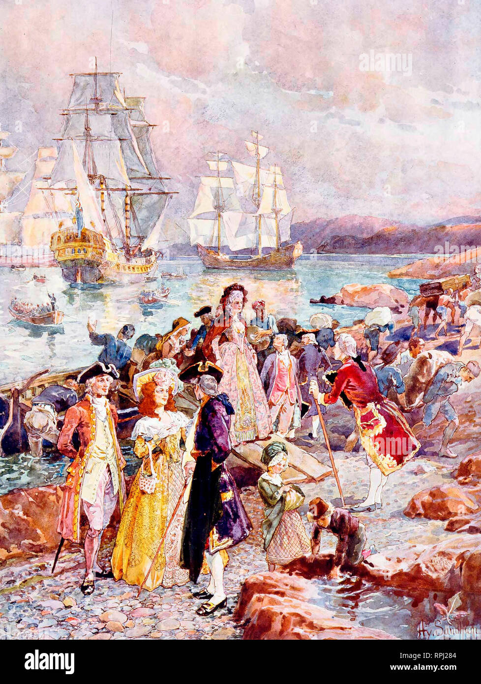 The Coming of the Loyalists - Painting shows romanticised view of United Empire Loyalists arriving in New Brunswick, circa 1783 - Henry Sandham Stock Photo