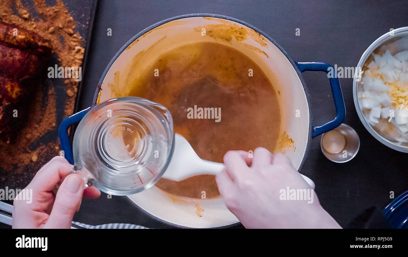 Flat lay. Step by step. Cooking boneless pork roast in cast iron dutch