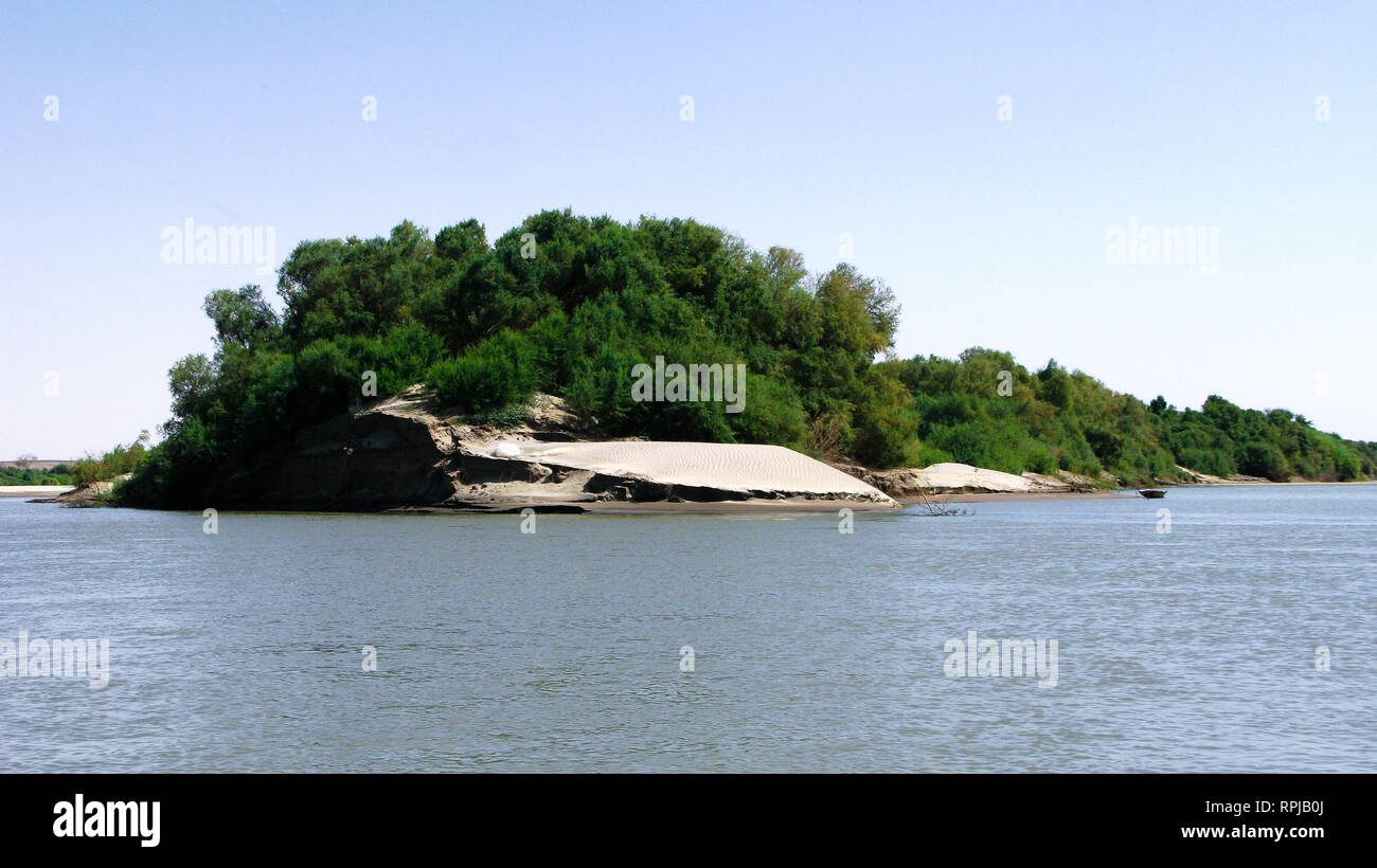 Panoramic landscape with the Nile river near Sai island at Kerma, Sudan Stock Photo