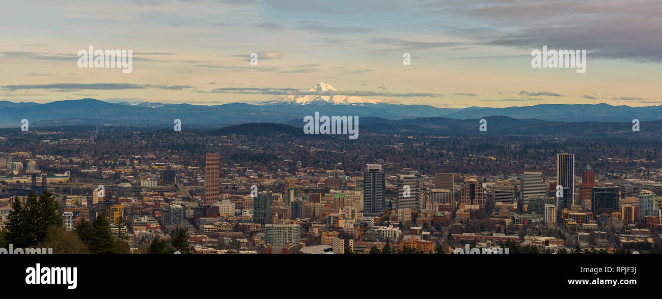 Mount Hood view over downtown Portland cityscape in the afternoon during winter panorama Stock Photo
