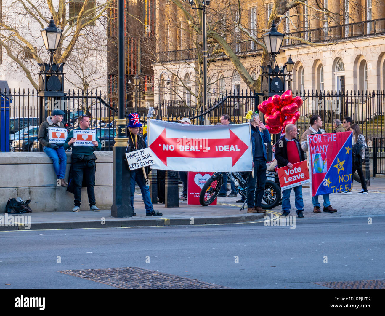 London, England - February 14, 2019: Group of people protesting in front of Parliament house on the street to sustain the Brexit of England out of Eur Stock Photo