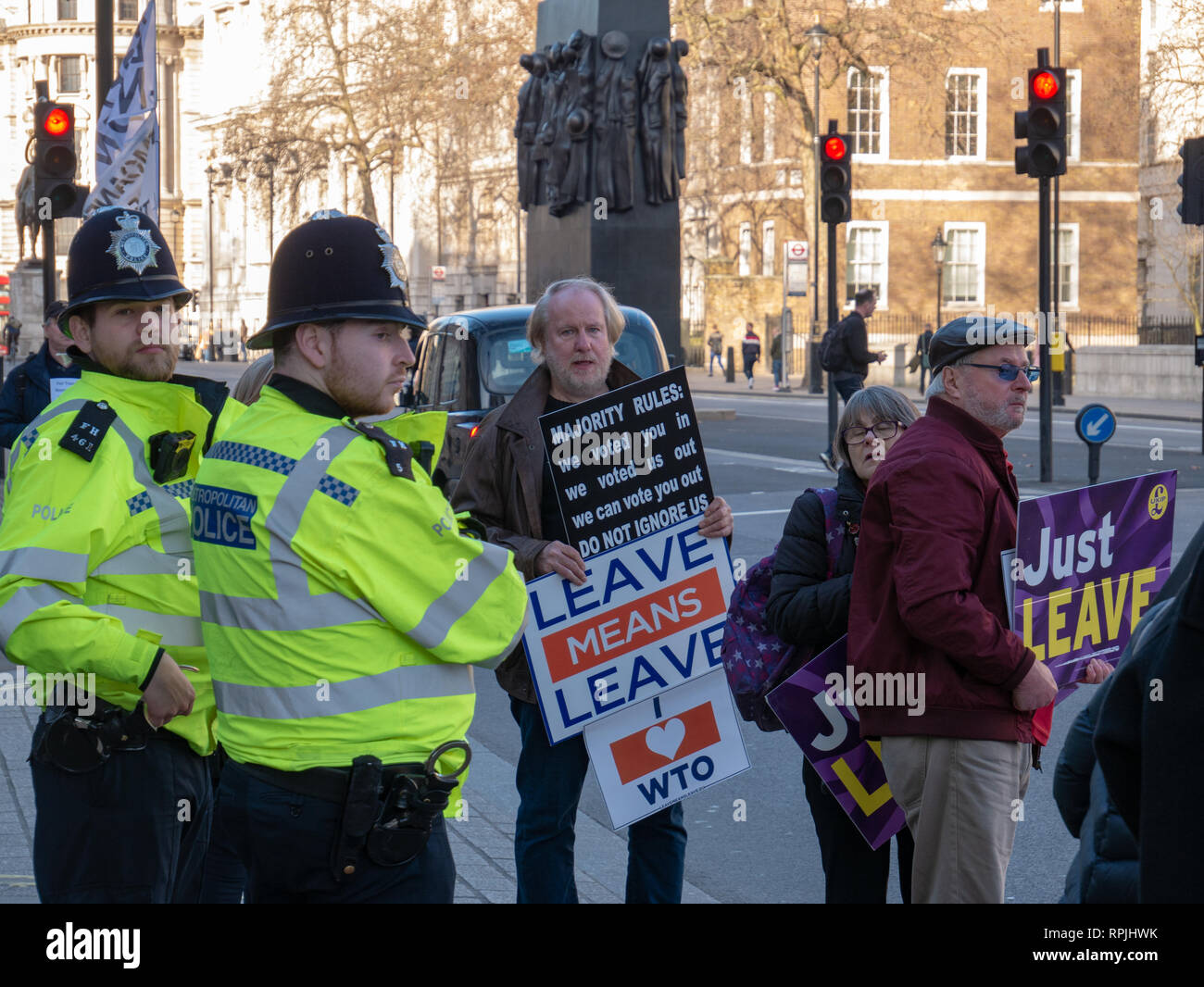London, England - February 14, 2019: Group of people protesting in front of Parliament to support the Brexit of England out of European Union Stock Photo