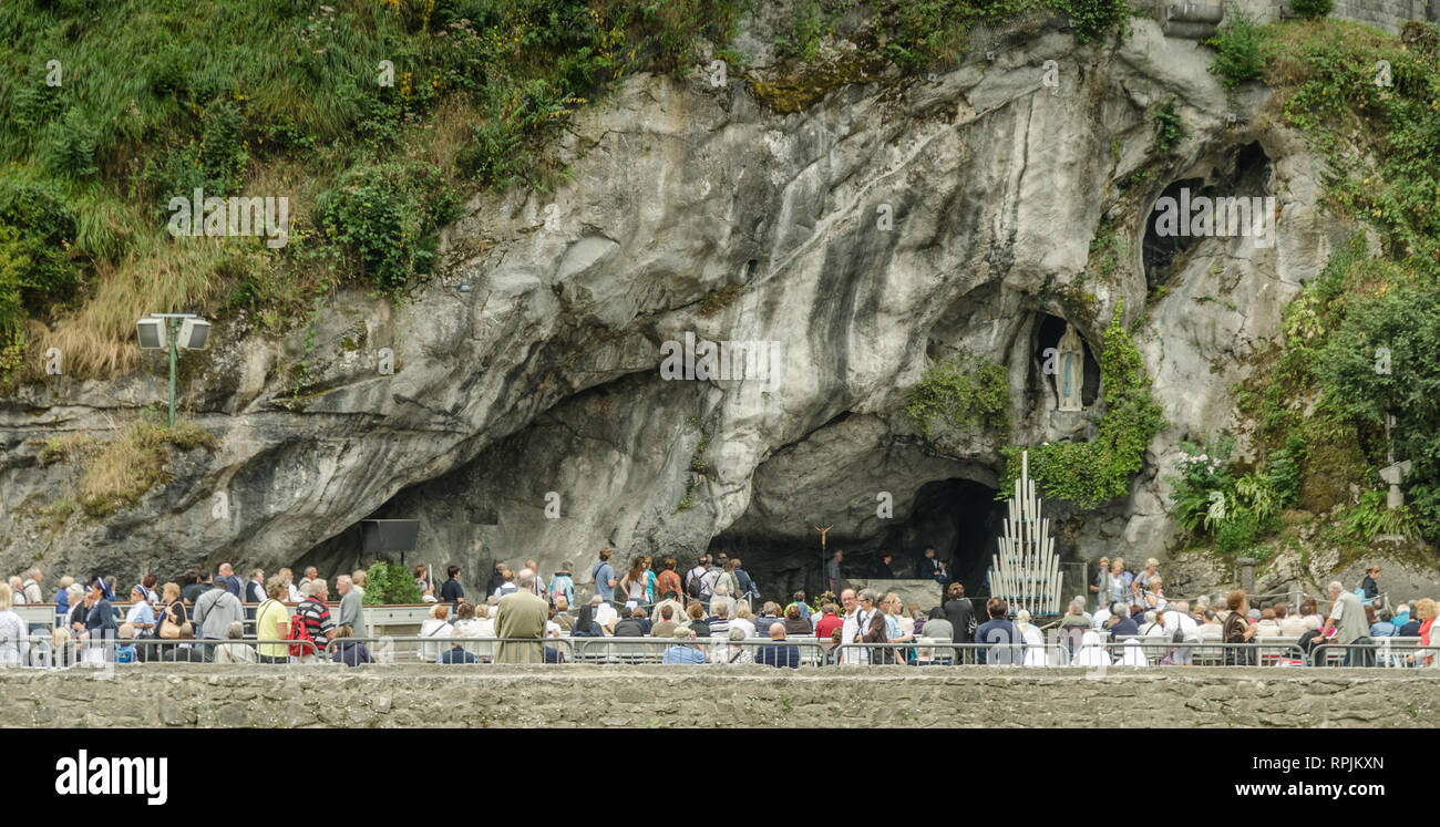 FRANCE LOURDES SEP 2018 view of the grotto near basilica in Lourdes town. The town is a place where st Mary appeared before a peasant girl Stock Photo