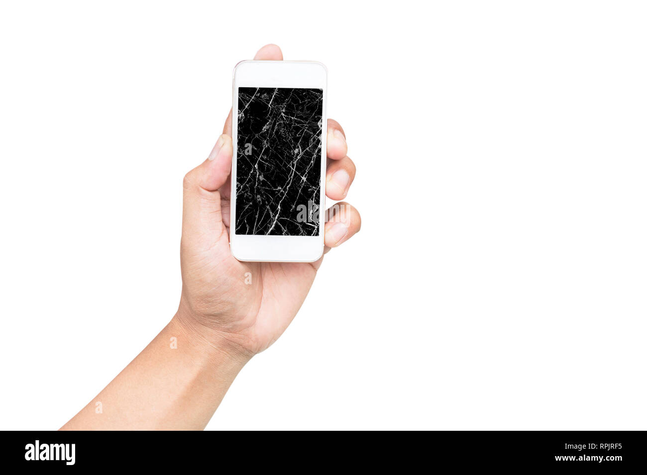 Hand holding mobile phone screen broken on white background Stock Photo