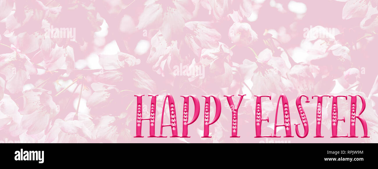 panoramic Easter background banner with pretty pink blossom, and â€˜Happy Easterâ€™ quote. Perfect for Easter Social Media campaigns. Stock Photo