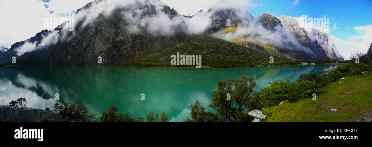 Panoramic view of Llanganuco lake near Huaraz, Peru Stock Photo