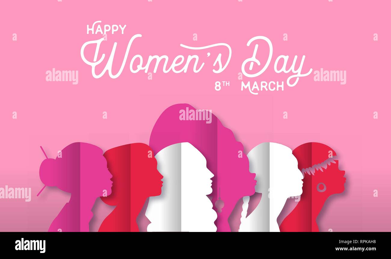Happy Womens Day web banner illustration. Paper cut girl group silhouette of diverse cultures. Includes chinese, arab and african people for female ri Stock Vector
