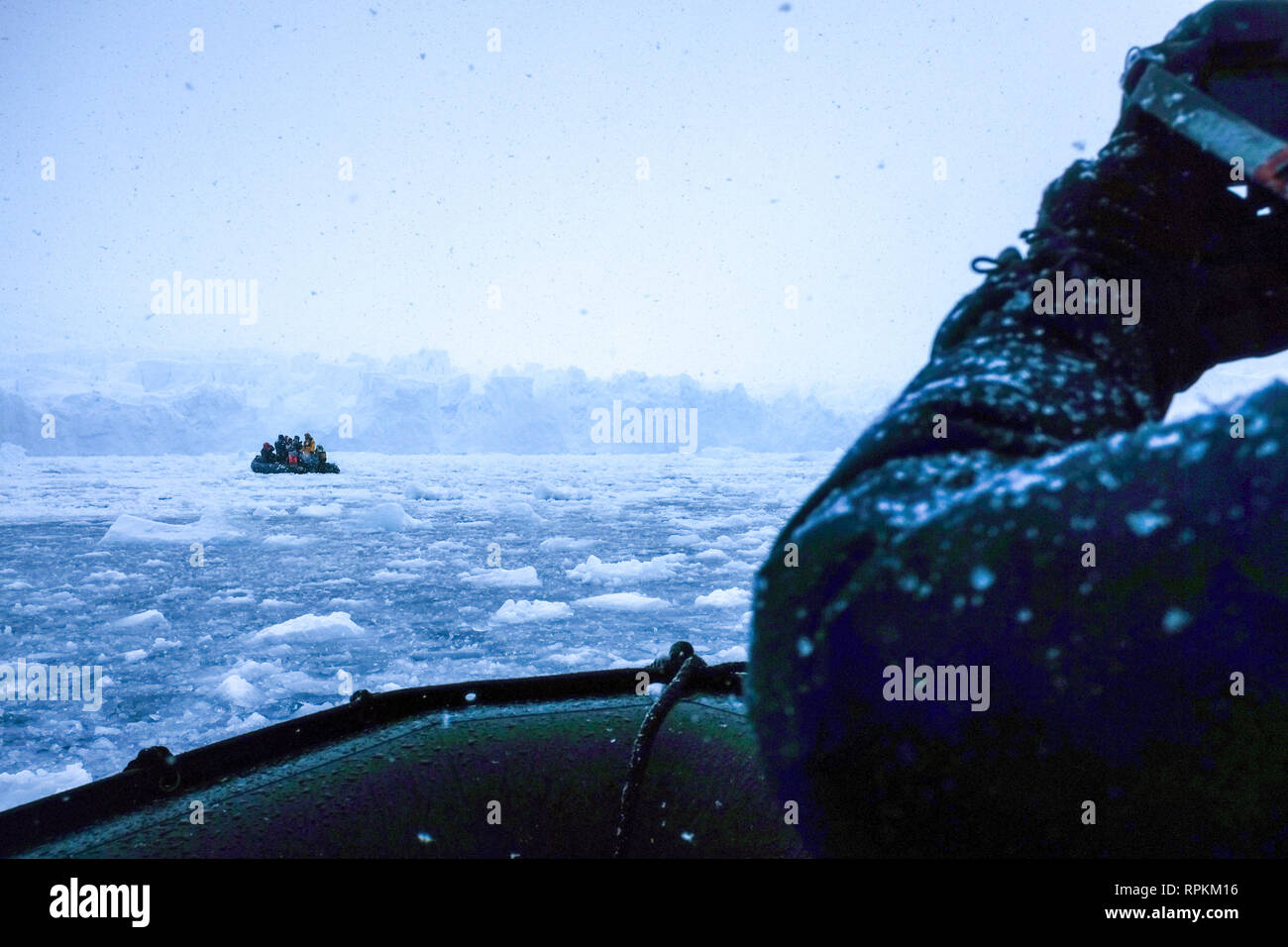 Scene of icebergs, penguins, seals, snow and ice in Antarctica, world's southernmost continent Stock Photo