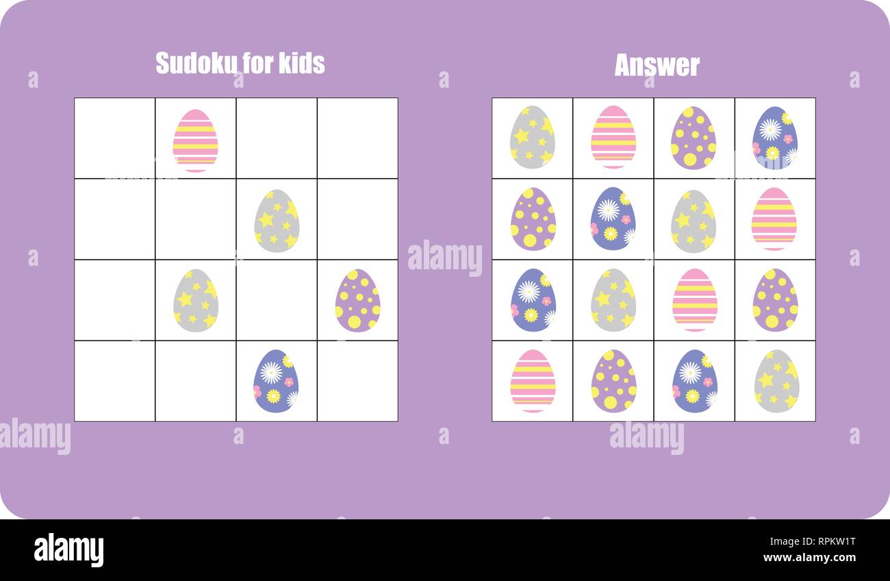 Sudoku game with easter eggs for children, easy level, education game for kids, preschool worksheet activity, task for the development of logical thin Stock Vector