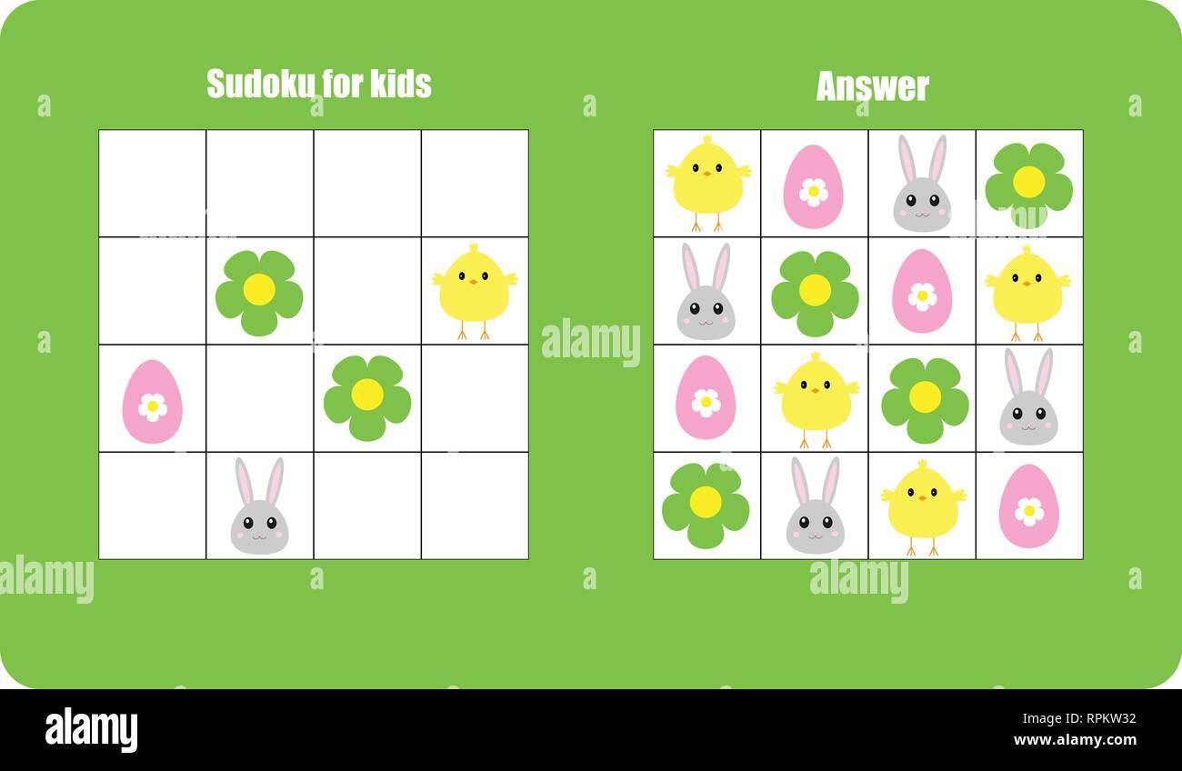 Sudoku game with easter pictures egg, bunny, chick for children, easy level, education game for kids, preschool worksheet activity, task for the devel Stock Vector