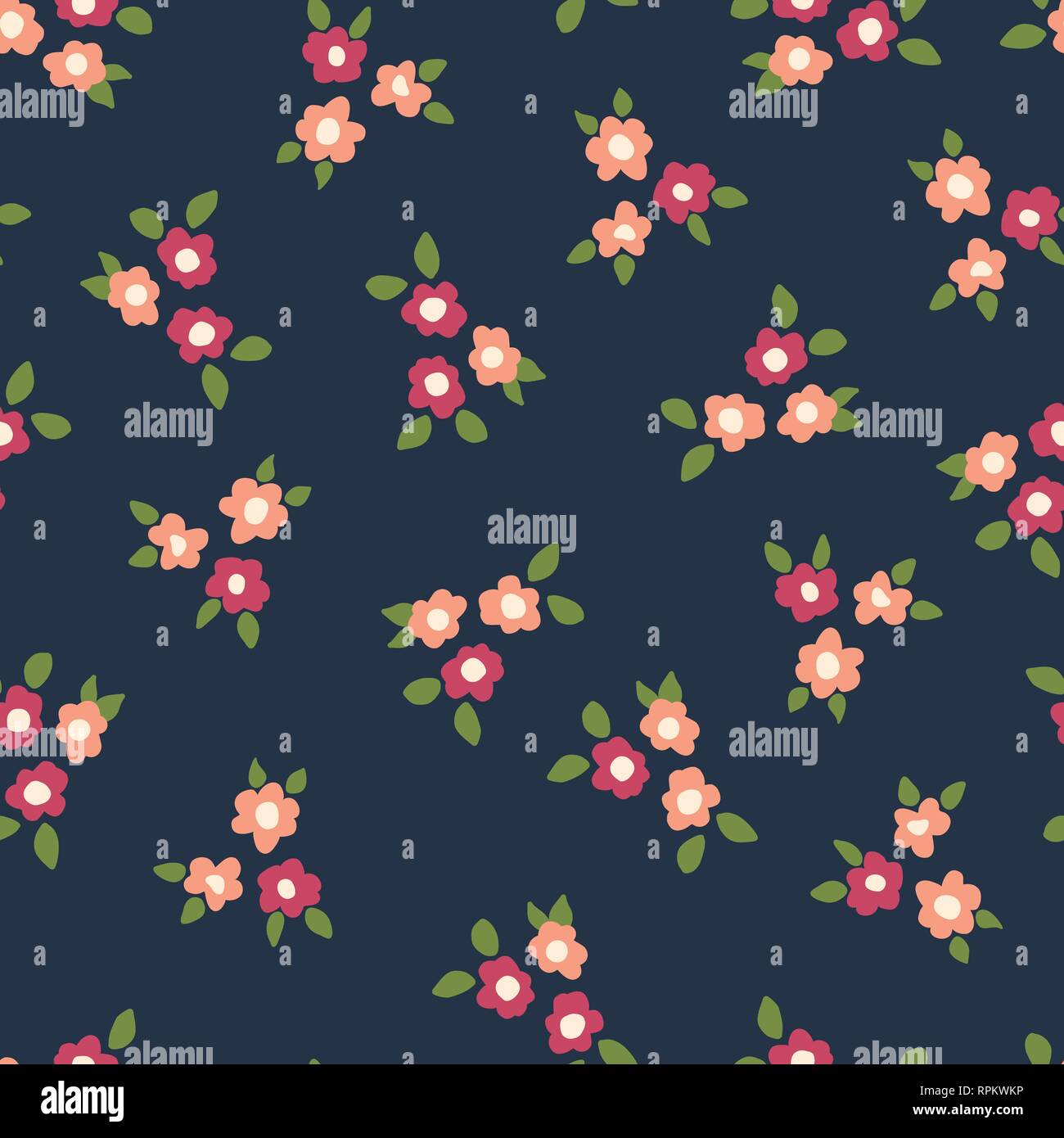 Scattered ditsy flowers seamless vector repeating background coral and pink on blue. Small folk florals pattern. Coordinate for my Easter design. Fabr Stock Vector