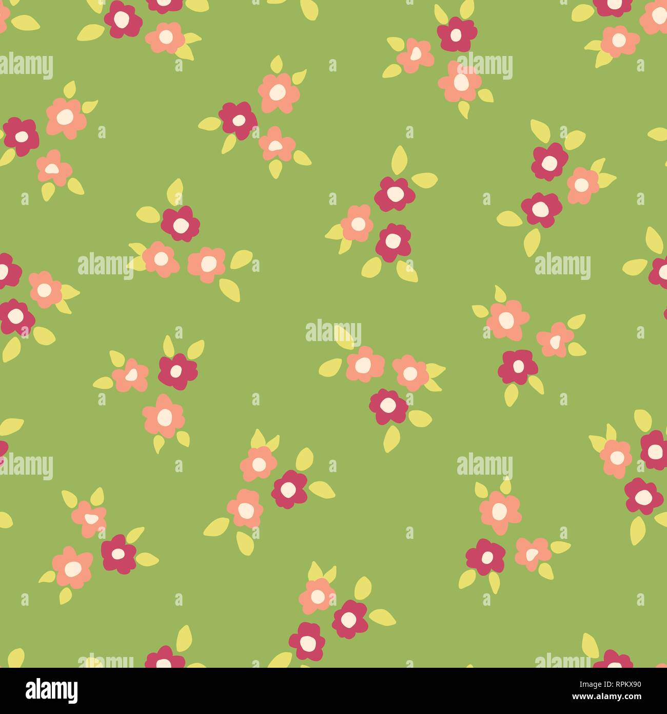 Scattered ditsy flowers green pink coral seamless vector pattern. Small folk florals repeating background. Coordinate for my Easter design. Fabric, gi Stock Vector