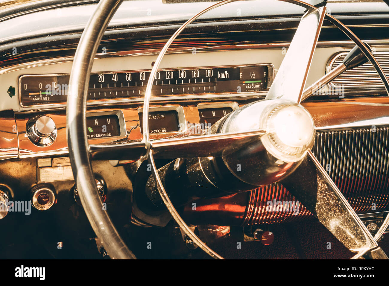 Old car cockpit Stock Photo