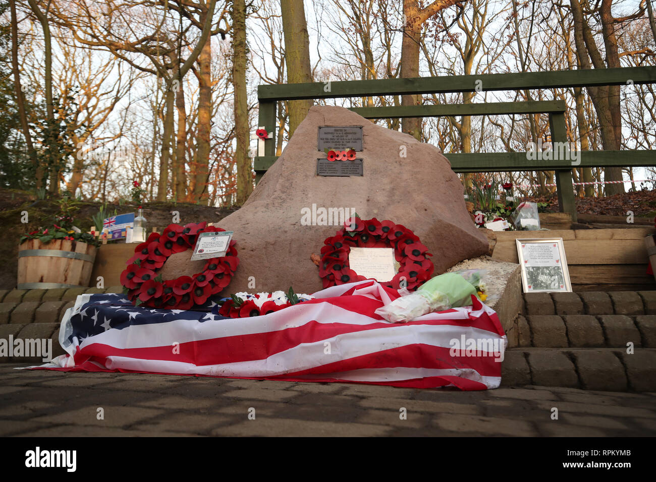 The memorial in Endcliffe Park, Sheffield, where Tony Foulds, 82, will see his lifelong dream fulfilled today when warplanes from Britain and the United States stage a flypast to salute the 75th anniversary of a crash which claimed the lives of 10 American airmen. Stock Photo