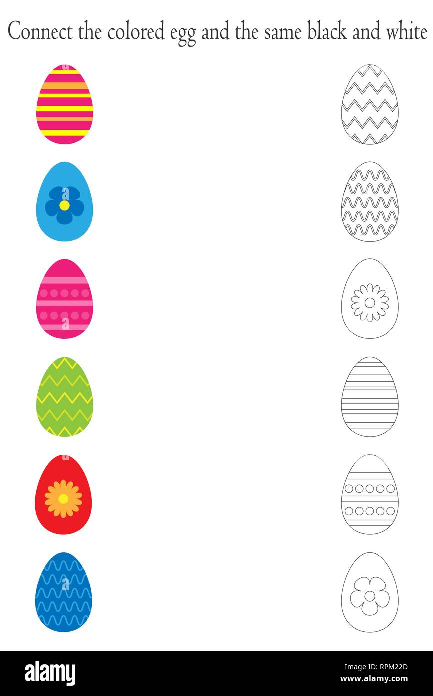 Find pairs of identical colored and black white pictures, fun education game with easter eggs for children, preschool worksheet activity for kids, tas Stock Vector