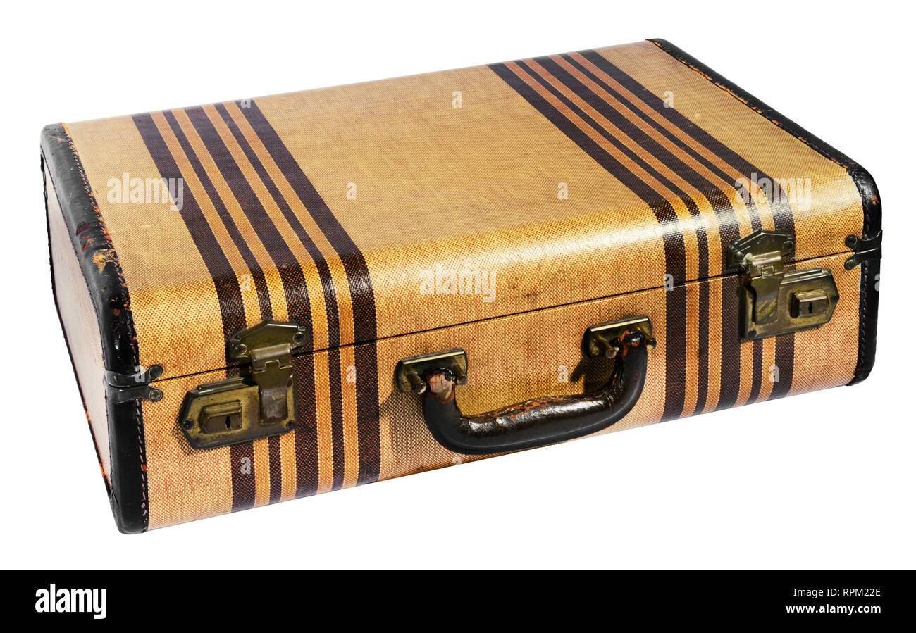 Old vintage brown suitcase with decorative stripes isolated on white in a travel, tourism and holiday concept Stock Photo