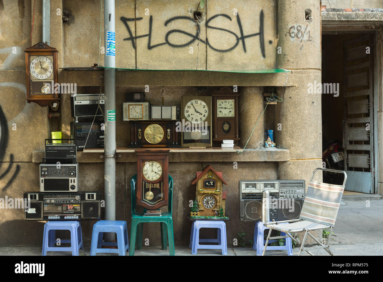 Old watches and radios for sale Stock Photo