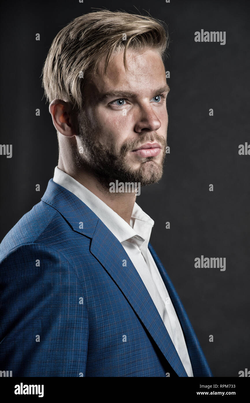 Man bearded strict face with hairstyle, dark background. Masculinity concept. Businessman attractive cares about appearance. Man bearded unshaven guy looks handsome well groomed in formal wear Stock Photo - Alamy Man bearded strict face with hairstyle, dark background. Masculinity concept. Businessman attractive cares about appearance. Man bearded unshaven guy looks handsome well groomed in formal wear Stock Photo - Alamy