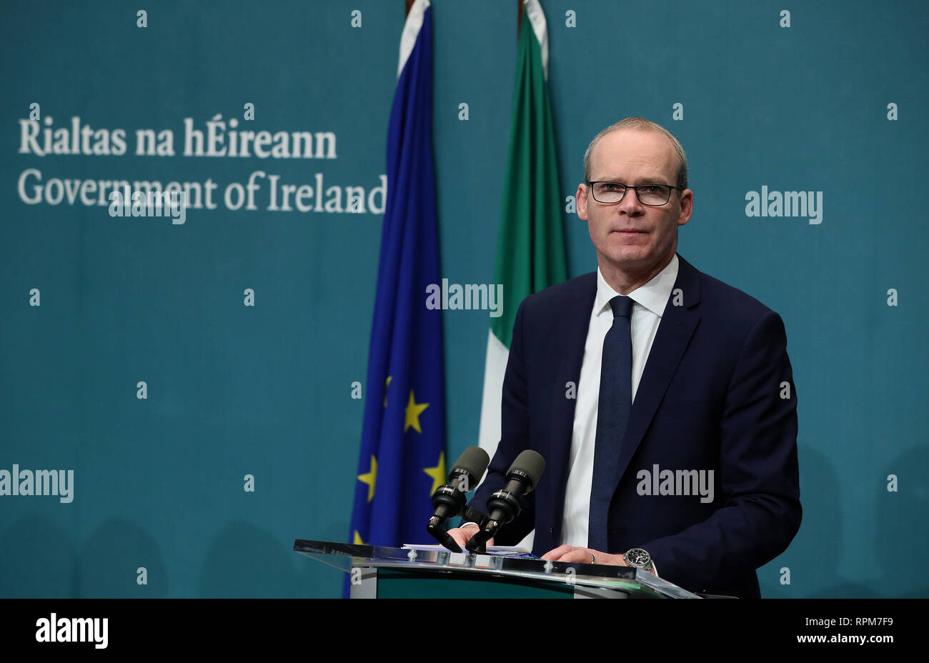Tanaiste Simon Coveney at a press conference for an update on the publication of the Withdrawal of the United Kingdom from the European Union (Consequential Provisions) Bill 2019 at Government Buildings in Dublin. Stock Photo