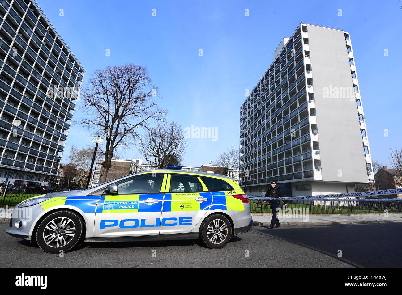 Police activity at a cordon in Minet Road, Brixton, south London, where a 23-year-old man was fatally stabbed in an attack at the Marcus Lipton youth centre. Stock Photo