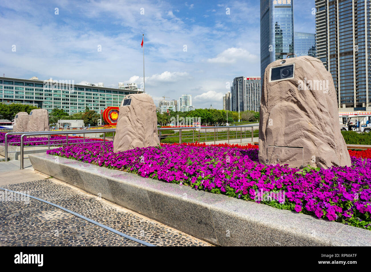 Hidden cameras inside ornamental stones at a park in Shenzhen, China Stock Photo