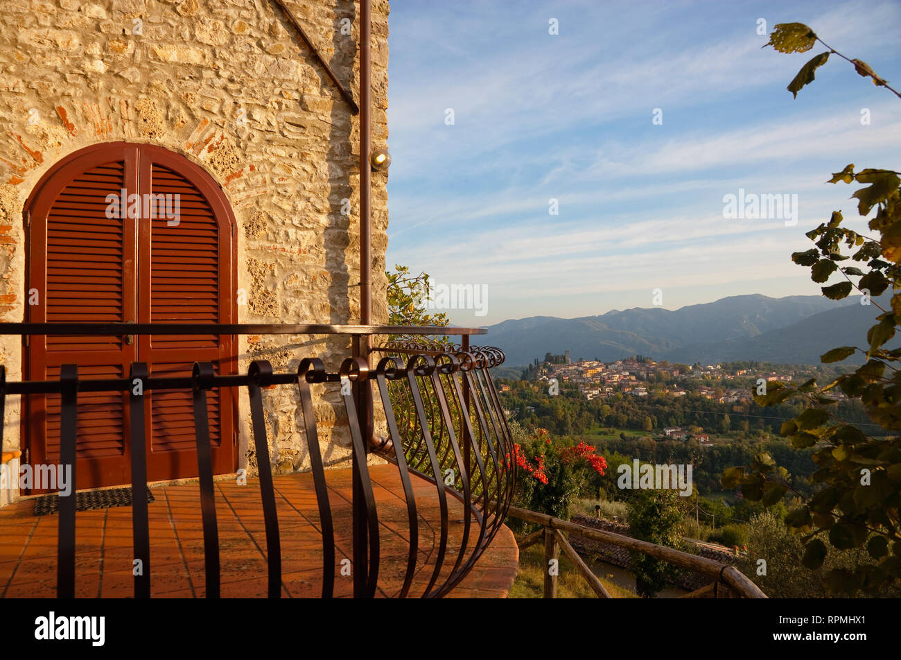 Italy, Tuscany, Lucca, Barga, View across toward the historic hilltop town. Stock Photo