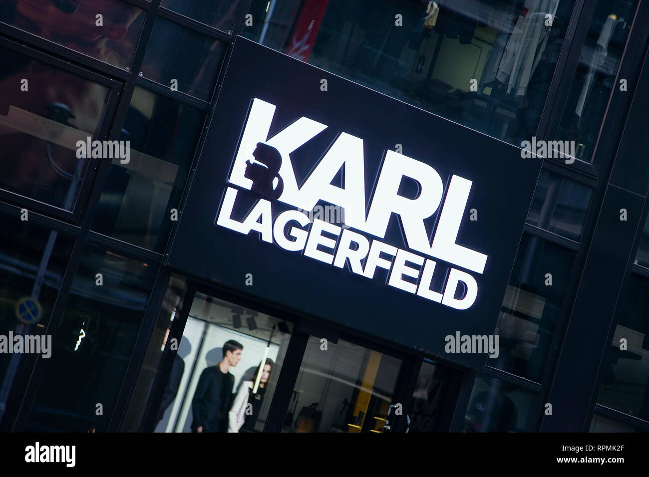 Germany, Berlin, Mitte, Friedrichstrasse, Karl Lagerfeld fashion shop sign. Stock Photo