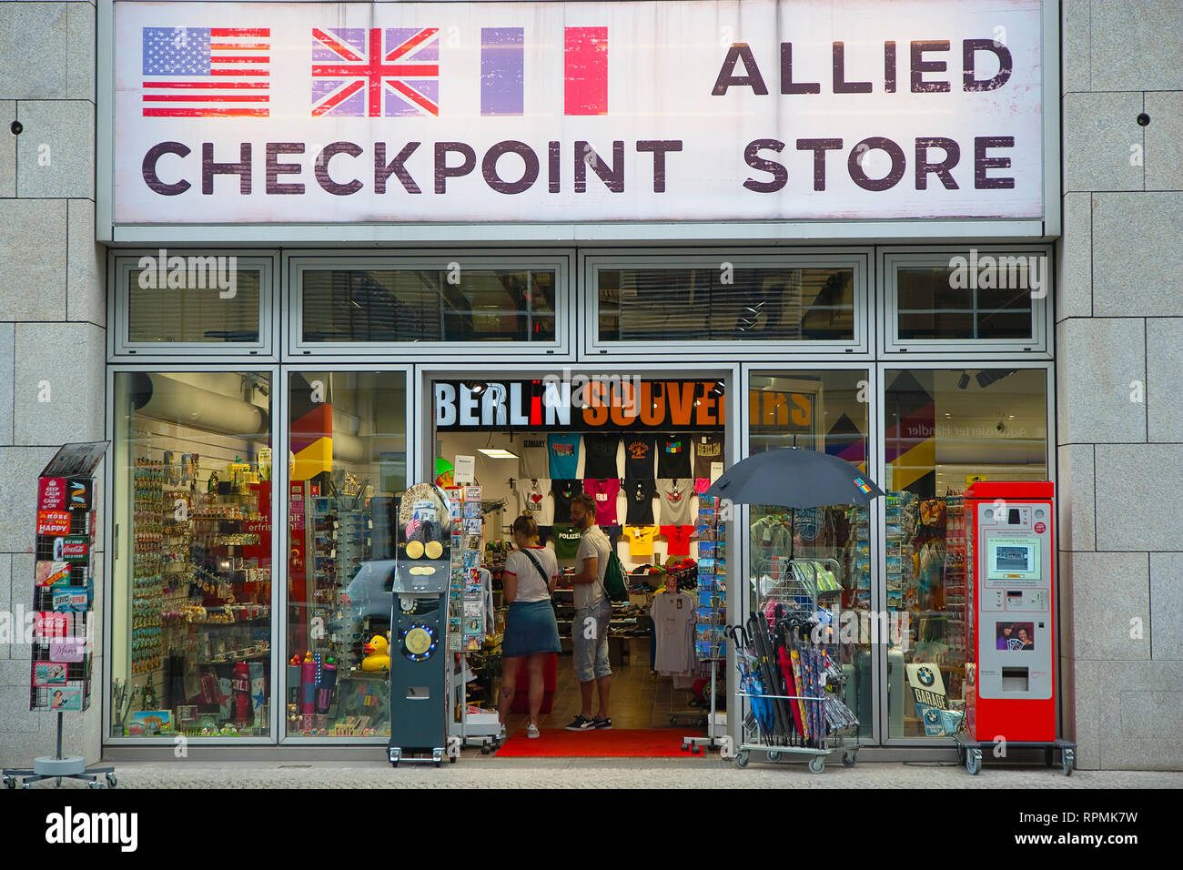 Germany, Berlin, Mitte, Friedrichstrasse, Tourist goods Allied Checkpoint Store entrance. Stock Photo