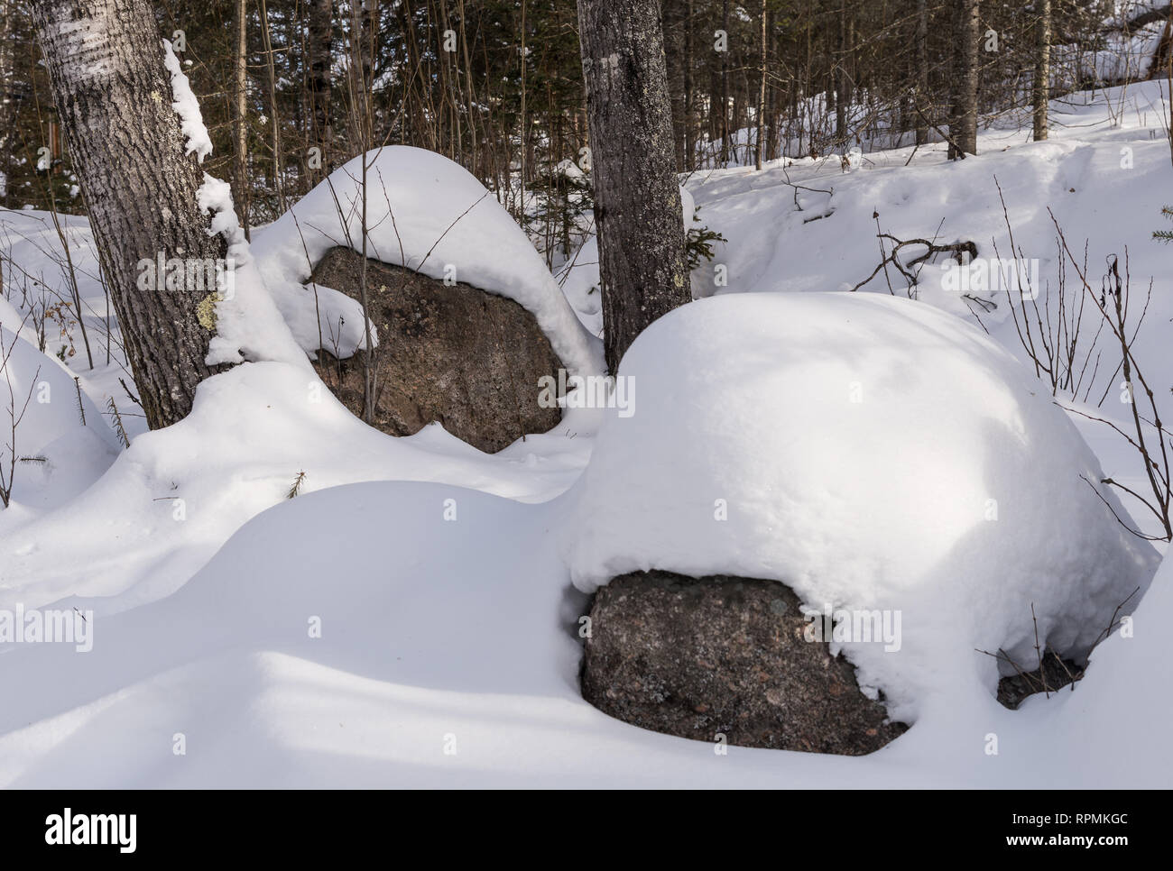 Glacial erratic, giant granite boulders covered under snow. Duluth, Minnesota, USA. Stock Photo