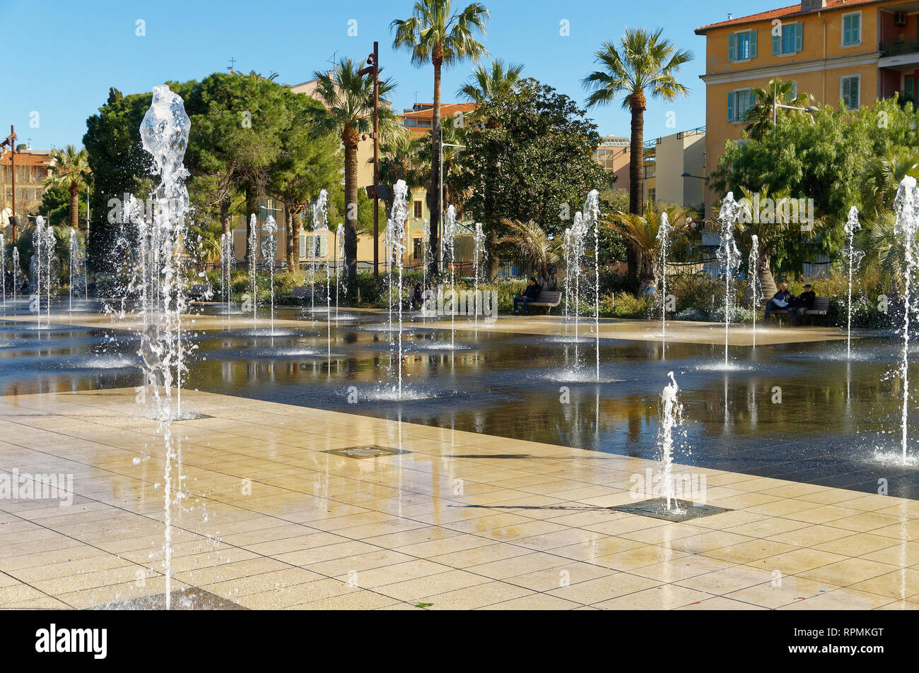 View of the water jets in the city of Nice (French Riviera). The french name is 'Coulée verte'. Stock Photo