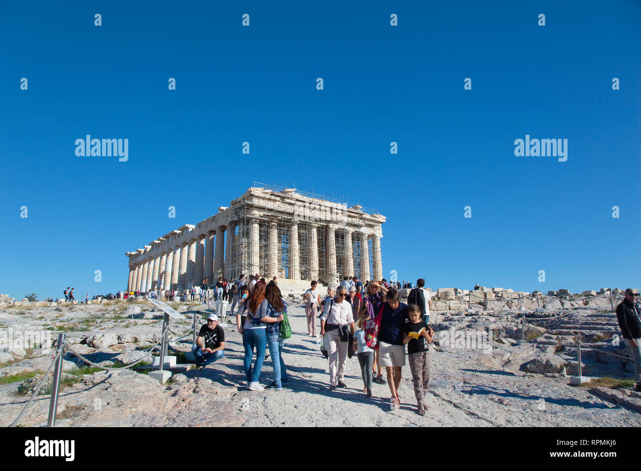 Greece, Attica, Athens, Acropolis, Parthenon with crowds of tourists. Stock Photo