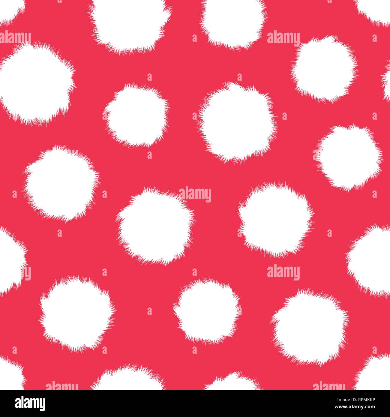 White Pompons fluffy fur. Seamless pattern. Vector illustration. Velentines day design on pink Stock Vector