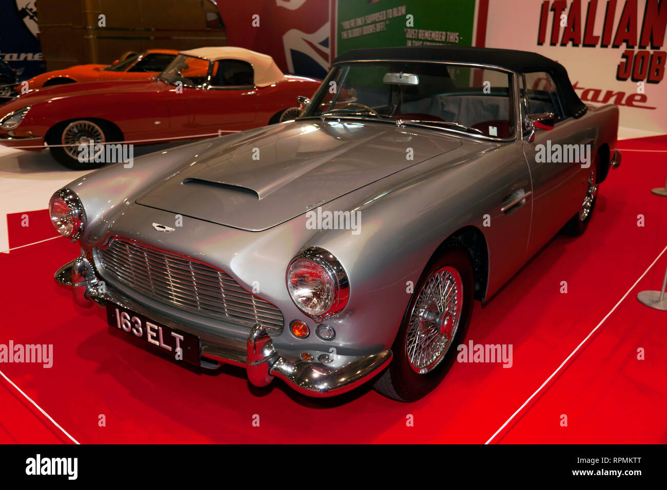 The 1962 Aston Martin DB4 used by Sir Michael Cain, as Charlie Croker, in the Italian Job,  a special  exhibition honoring this ionic British Film, Stock Photo