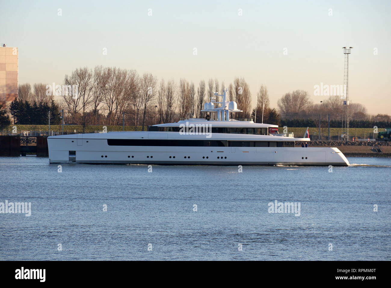 The mega yacht Najiba leaves the port of Rotterdam on February 15, 2019 for a test drive. Stock Photo