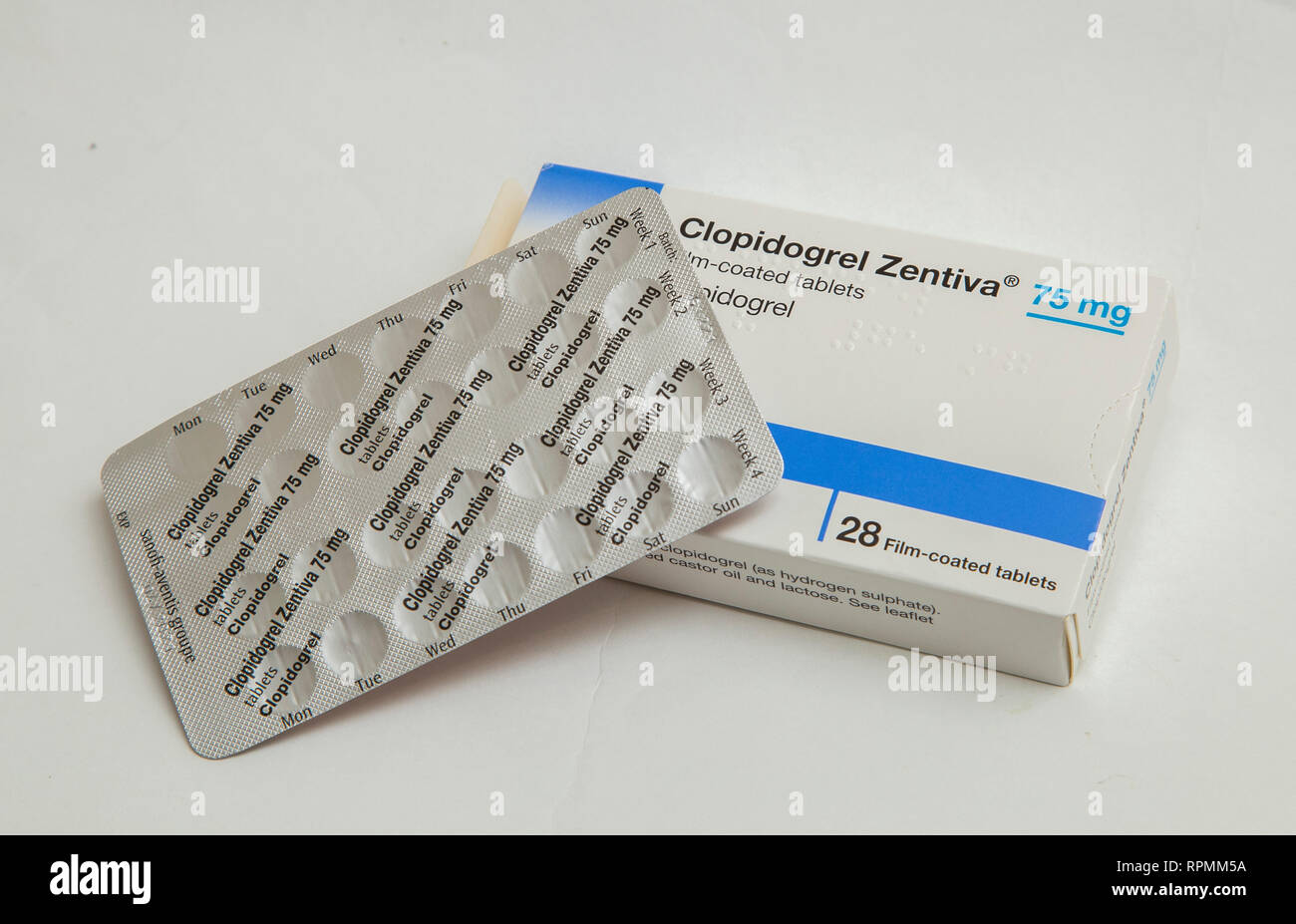 Clopidigrel, an antiplatelet drug typically taken to thin the blood and reduce the risk of a heart attack, heart failure or a stroke. Stock Photo