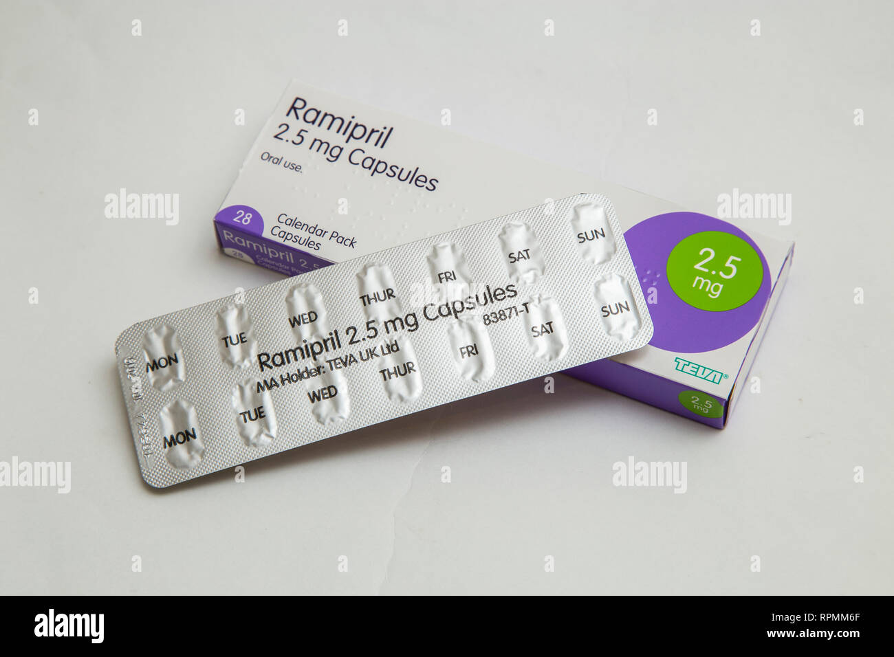 Ramipril, an angiotensin-converting enzyme inhibitor drug which treats high blood pressure typically taken after a heart attack failure. Stock Photo