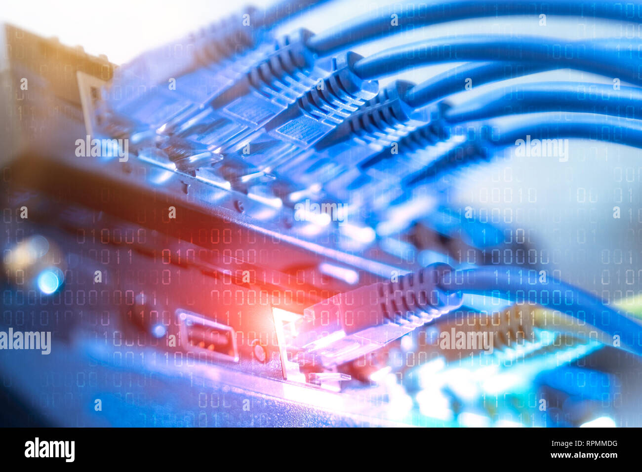 Network infrastructure, switch or router socket, cable connections. Ethernet, wired transmission, data center concept Stock Photo