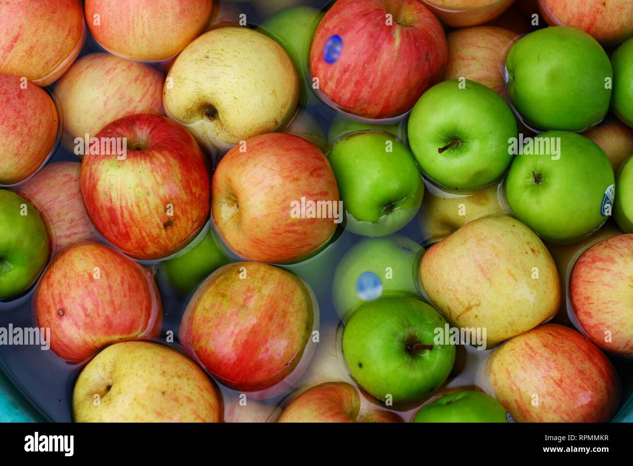A lot of apples in different colors in water Stock Photo Alamy